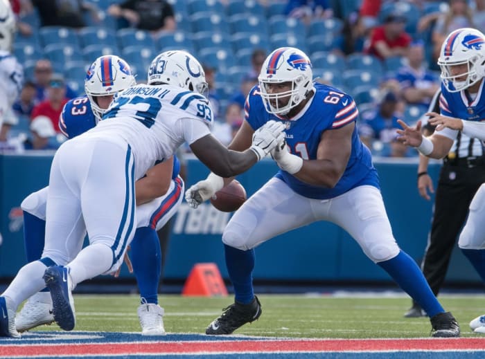 Aug 13, 2022; Orchard Park, New York, USA; Buffalo Bills guard Jordan Simmons (61) prepares to block Indianapolis Colts defensive tackle Eric Johnson (93) in the fourth quarter pre-season game at Highmark Stadium.